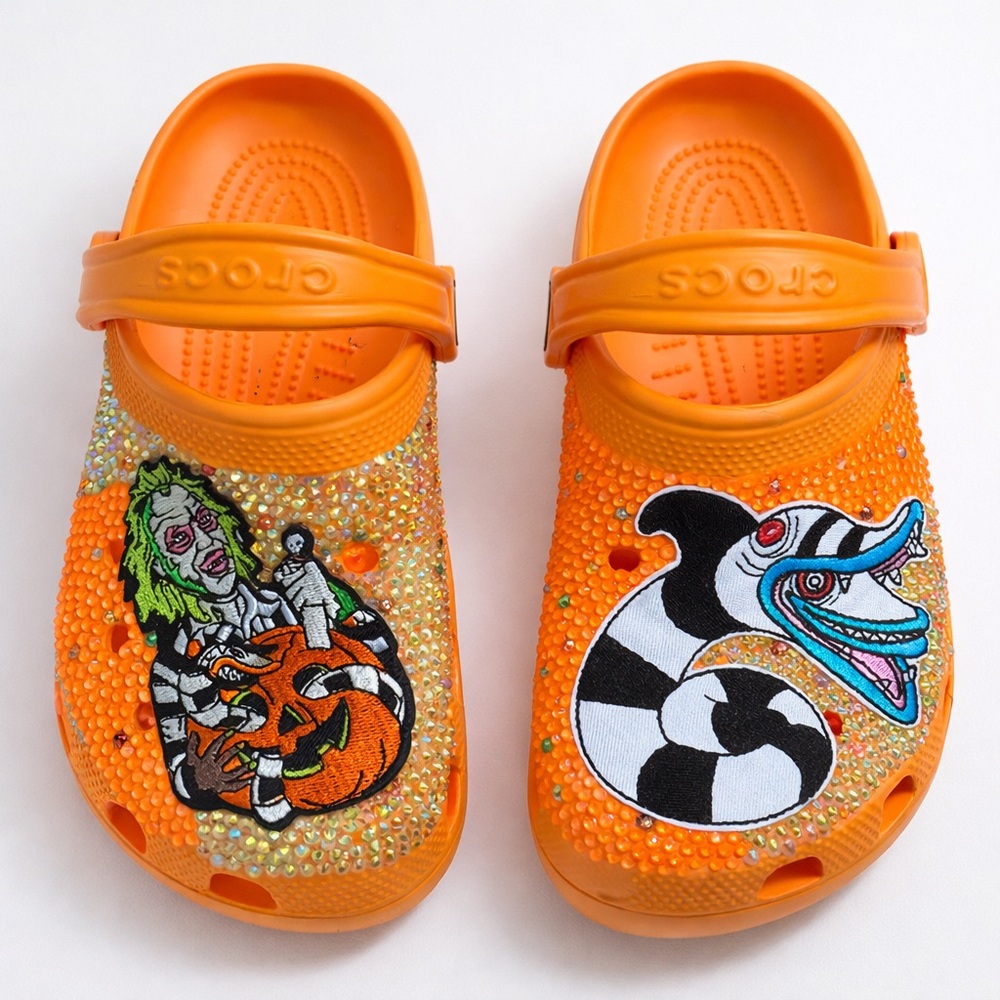 Hand crafted Rhinestoned beetlejuice crocs (un-used)